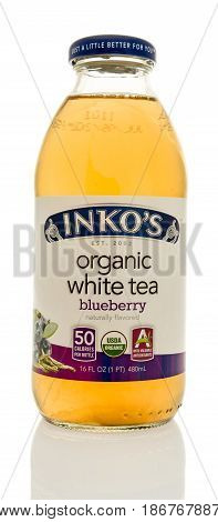 Winneconne WI - 7 May 2017: A bottle of Inko's organic white tea in blueberry flavor on an isolated background.