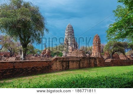 Ruins Of Buddha Statues And Pagoda Of Wat Ratcha Burana In Ayutthaya Historical Park, Thailand