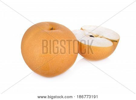 whole and cut snow pear or Fengsui pear on white background