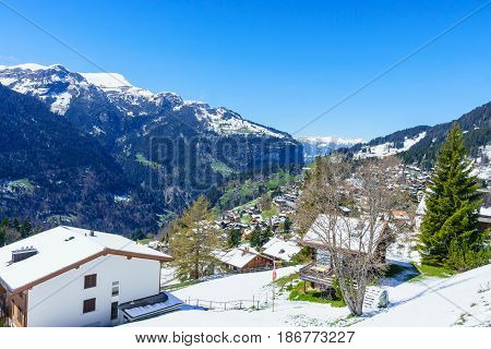Jungfraujoch Switzerland - April 29 2017: Famous village Wengen in Switzerland Alps Mountain - The starting point for train tours in the Jungfrau region Switzerland.
