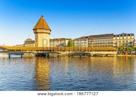 Lucerne Switzerland - April 30 2017: Historic city center of Lucerne with Famous Chapel bridge and Lake Lucerne on April 30 2017 in Lucerne Switzerland.