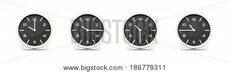 Closeup group of black and white clock with shadow for decorate show the time in 10 10:15 10:30 10:45 a.m. isolated on white background beautiful 4 clock picture in different time