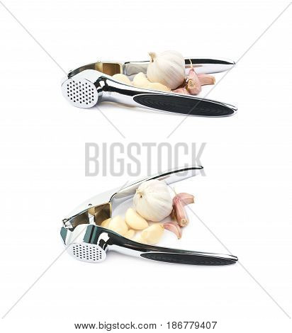 Metal garlic press utensil next to a pile of fresh cloves isolated over the white background, set of two different foreshortenings