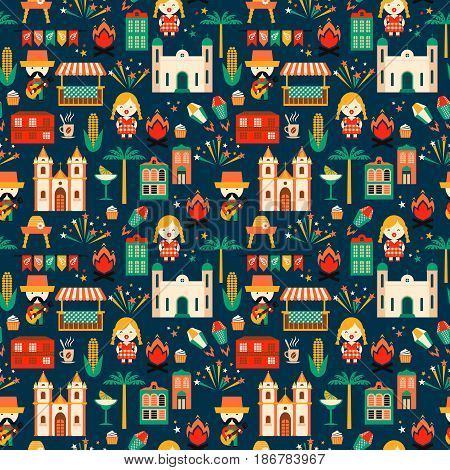 Latin American holiday, the June party of Brazil. Flat seamless pattern with symbolism of the holiday Festa Junina.