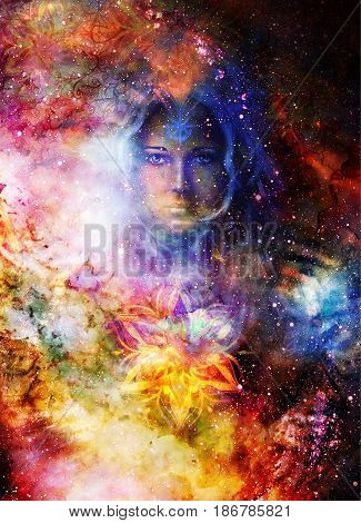 Goddess Woman and ornamets in Cosmic space. Cosmic Space background. eye contact