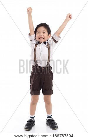 Cute Asian child showing winner sign on white background isolated