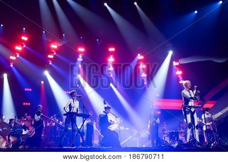 KYIV UKRAINE - MAY 12 2017: ONUKA from Ukraine at the Grand Final rehearsal during Eurovision Song Contest in Kyiv Ukraine