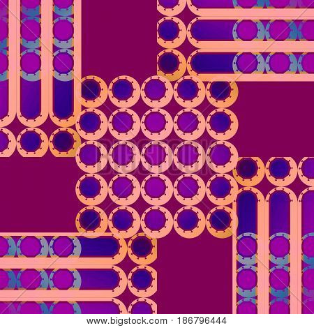 Abstract geometric background, modern and conspicuous. Regular concentric circles and stripes pattern in violet, orange, apricot color and purple on red violet.