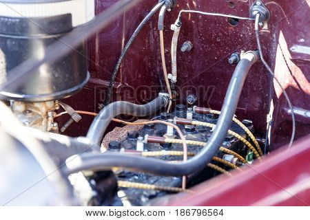 Under the hood of a retro or classic old car