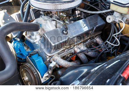 Under the hood of a retro or classic old car