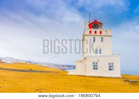 White lighthouse at Cape Dyrholaey, Iceland