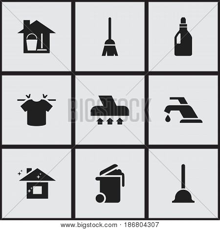 Set Of 9 Editable Hygiene Icons. Includes Symbols Such As Rubber Drain, Container, Broomstick And More. Can Be Used For Web, Mobile, UI And Infographic Design.