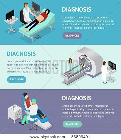 Patient and Doctor Appointment Isometric View. Diagnosis Ultrasound and MRT Specialist in Cabinet Interior of Clinic Vector illustration