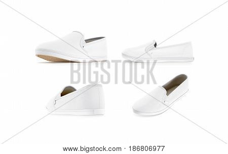 Blank white slip-on shoe mock up set isolated 3d rendering. Plain hipster slipon mockup template stand front profile side back view. Urban skate shoes with clear label presentation.