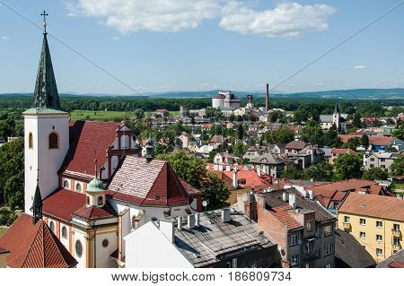 View of the town Litovel from the town hall tower, left church of St. Mark, Czech Republic