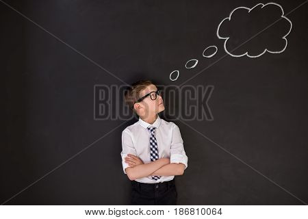 Handsome School Boy In Googles White Shirt Tie Standing Close To School Desk With Thinking Cloud Abo