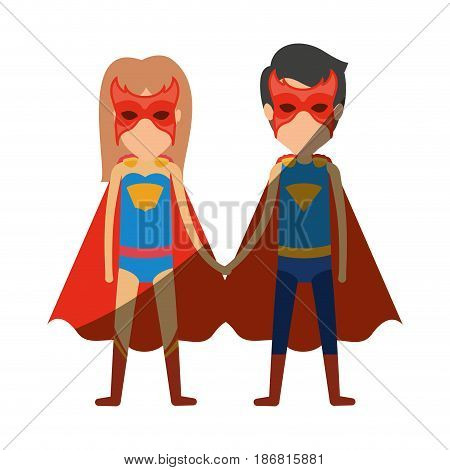 colorful silhouette with faceless duo of superheroes united of the hands and her with long hair with shading vector illustration