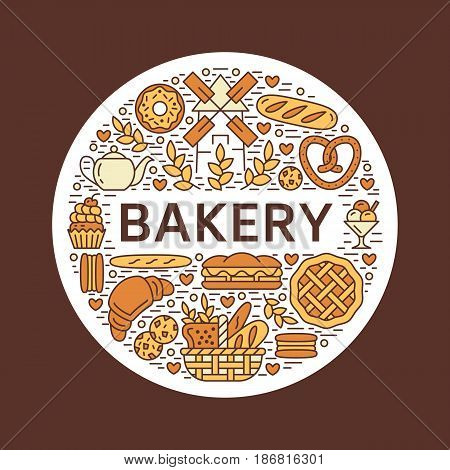 Bakery, bread house poster template. Vector food line icons, illustration of sweets, pretzel croissant, muffin, pastry, cupcake pie, mill. Confectionery products banner with place for text.
