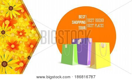 Best shopping tour, advertising banner with paper bags and label from new purchased items on bright summer backdrop. Template, mock-up with yellow field of flowers, chamomile flowers, camomile, daisy.