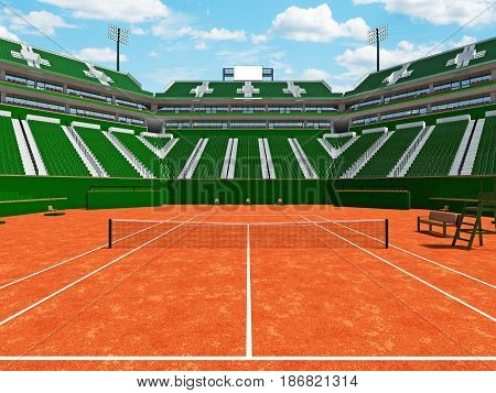 3d render of beautiful modern tennis clay court grand slam lookalike stadium with green seats for fifteen thousand fans