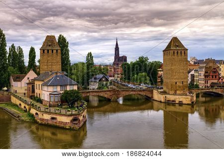 The twin watchtowers of the Ponts Couverts by day, Strasbourg, France