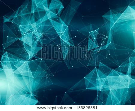 Abstract polygonal turquose space low poly network background. Connecting dots and lines in triangles structure. Illustration for branding science graphic design. Crystal cell