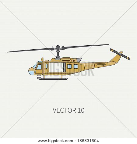 Line flat color vector icon military turboprop transportation helicopter. Army equipment and armament. Retro copter. Cartoon. Assault. Soldiers. War. Illustration and element for design, wallpaper.
