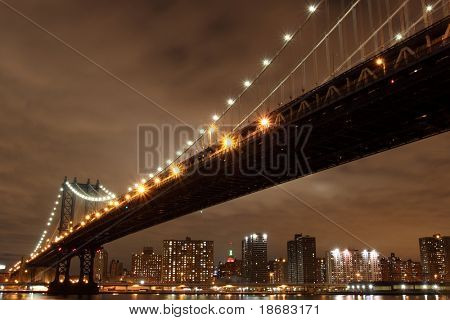 纽约城市天际线和曼哈顿大桥夜景