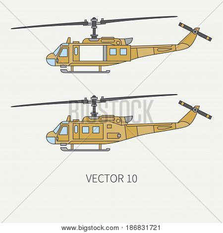 Line flat color vector icon set military turboprop transportation helicopter. Army equipment and armament. Retro copter. Cartoon. Assault. Soldiers. War. Illustration and element for design, wallpaper