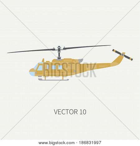 Plain flat color vector icon military turboprop transportation helicopter. Army equipment and armament. Retro copter. Cartoon. Assault. Soldiers. War. Illustration and element for design, wallpaper.