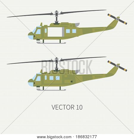 Plain flat color vector icon set military turboprop transportation helicopter. Army equipment and armament. Retro copter. Cartoon. Assault soldiers. War. Illustration and element for design, wallpaper
