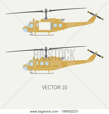 Plain flat color vector icon set military turboprop transportation helicopter. Army equipment and armament. Retro copter. Cartoon. Assault soldiers. War. Illustration and element for design, wallpaper