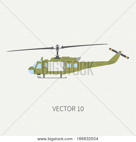 Plain flat color vector icon military turboprop transportation helicopter. Army equipment and armament. Retro copter. Cartoon. Assault. Soldiers. War. Illustration and element for design, wallpaper.