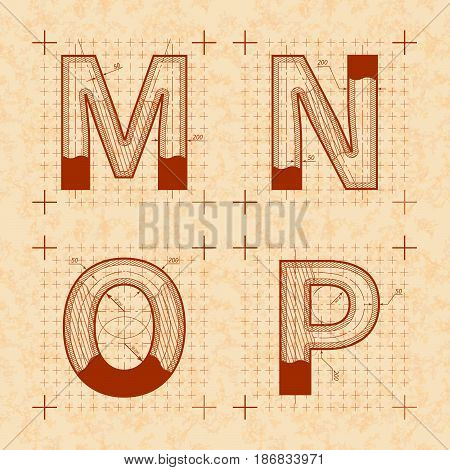 Medieval inventor sketches of M N O P letters. Retro style font on old yellow textured paper
