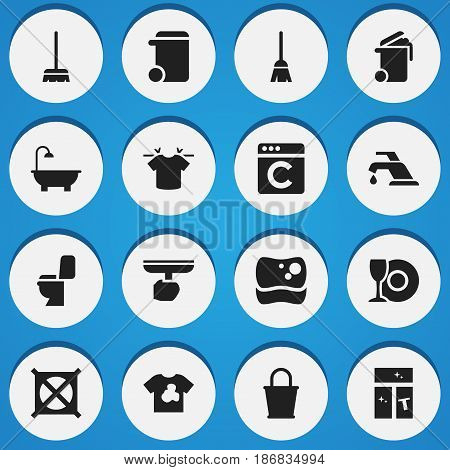 Set Of 16 Editable Cleaning Icons. Includes Symbols Such As Pail, Container, Laundress And More. Can Be Used For Web, Mobile, UI And Infographic Design.