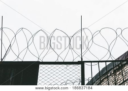 Barbed wire on fence on the background of a light sky