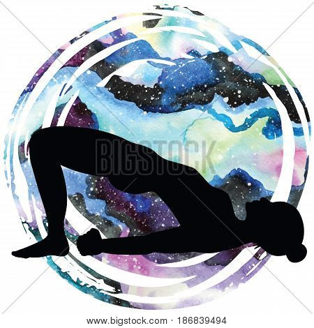 Women silhouette on galaxy astral background. Bridge Yoga Pose. Setu Bandha Sarvangasana Vector illustration