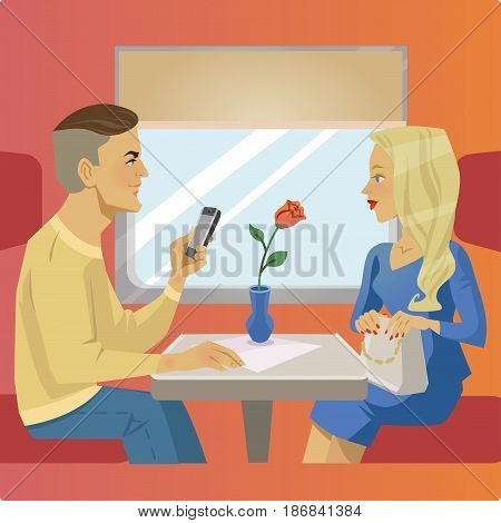 Man and woman sit near window at train restaurant or cafe. Traveling situation. Railway traveling banner.