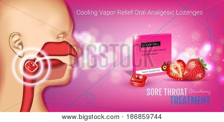 Cough Drops ads. Vector 3d Illustration with strawberry pills for throat. Horizontal banner with product's package.