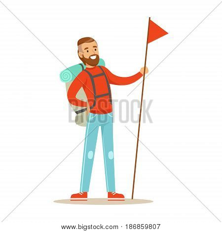 Young man traveler standing with backpack and holdiing red flag with long flagpole. Summer camping colorful cartoon character vector Illustration isolated on a white background