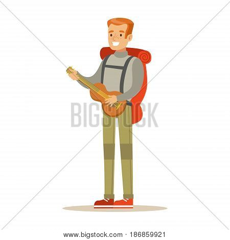 Young smiling man traveler with backpack and quitar. Summer camping colorful cartoon character vector Illustration isolated on a white background