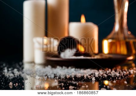 Set of spa treatment over dark background. Copy space.