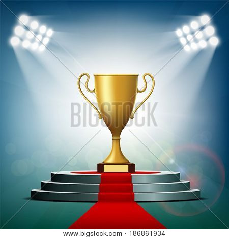 Gold Cup winner standing on a podium with a red carpet. Stock vector illustration.
