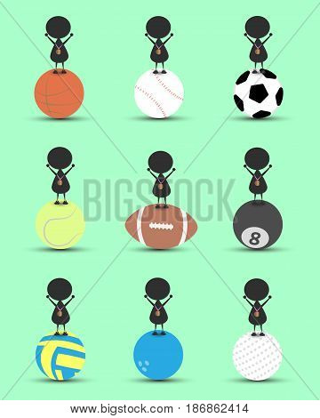 Black man character cartoon stand on sports ball and get the bronze medal with green background. Flat graphic. logo design. sports cartoon. sports balls. victory sign. vector. illustration.