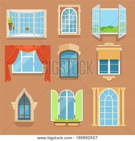 Vintage and modern windows set in different styles and forms. Window frames exterior view vector Illustrations