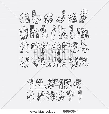 Vector set dotted alphabet from A to Z and numbers sequence fron 1 to 9. Hand drawn educative collection hand written with ink line and dots in black and white. Lowercase set good for titles quotes