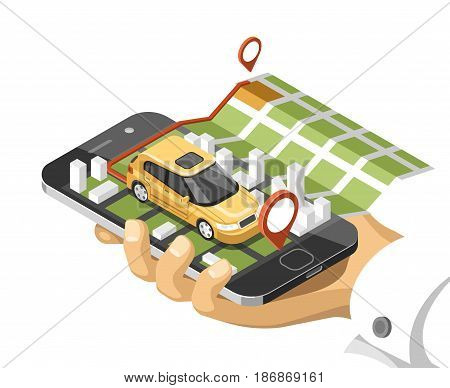 City isometric map with car and buildings on smart phone. Map on mobile navigate application. 3d vector illustration.