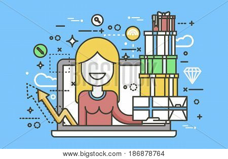 Stock vector illustration woman in laptop notebook with lot of shopping packing boxes of gifts design element marketing purchase, sale, discount, online store line art style blue background icon