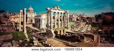 panorama of the Roman Forum Foro Romano and Ruins of Septimius Severus Arch and Saturn Temple in Rome, Italy