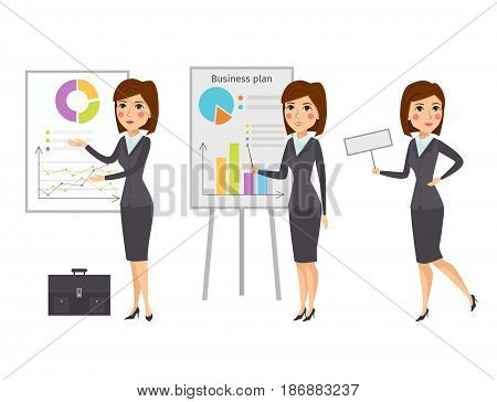 Vector business woman character silhouette standing adult office career posing young girl. Manager looking occupation worker success job portrait professional design illustration.